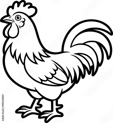 A cartoon rooster with a large comb and wattle standing on a surface