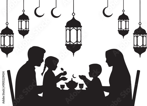 Family silhouette with lanterns and crescent moons