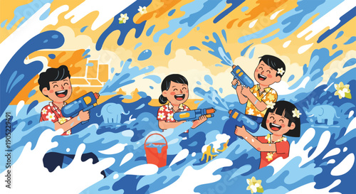 Joyful illustration of children playing with water guns amid splashing waves