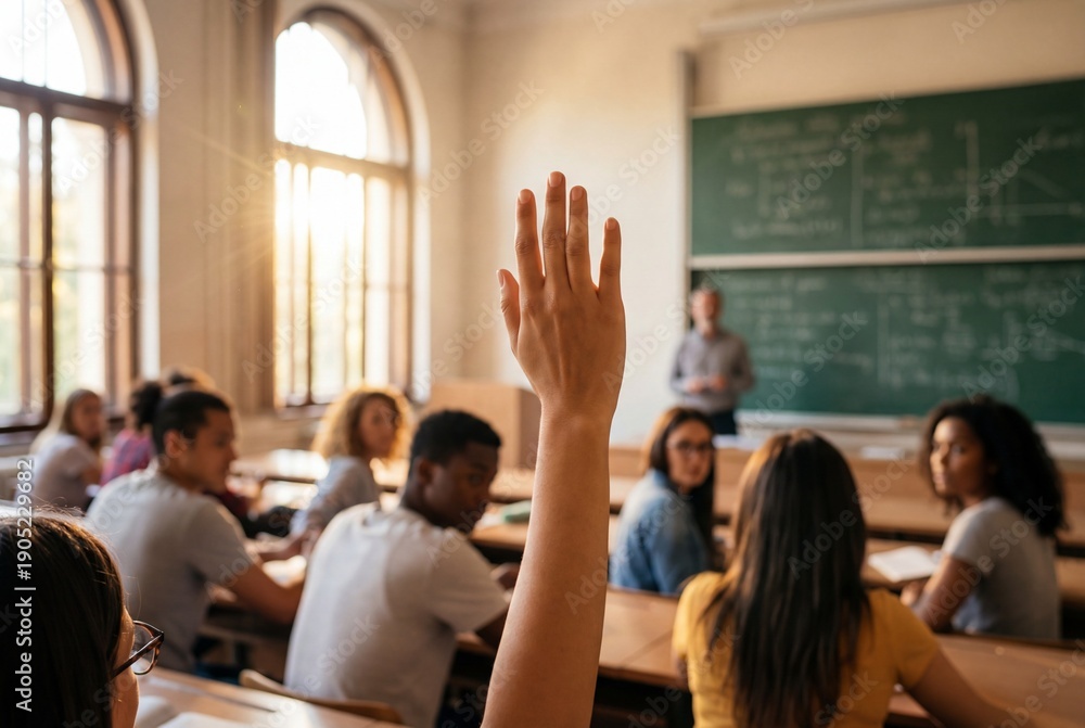 Obraz premium Student raising hand to answer question in sunlit classroom