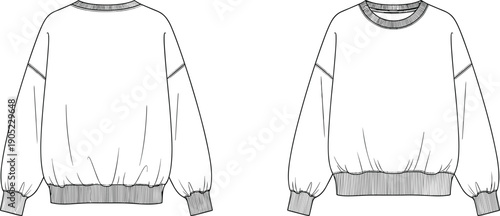 Blank oversized crewneck sweatshirt technical CAD drawing, front and back view, ribbed cuffs hem, fashion flat vector apparel template design
