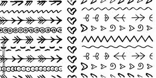 Black and white pattern featuring arrows hearts and wavy lines