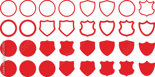 Red shapes arranged in rows circles hearts and shields