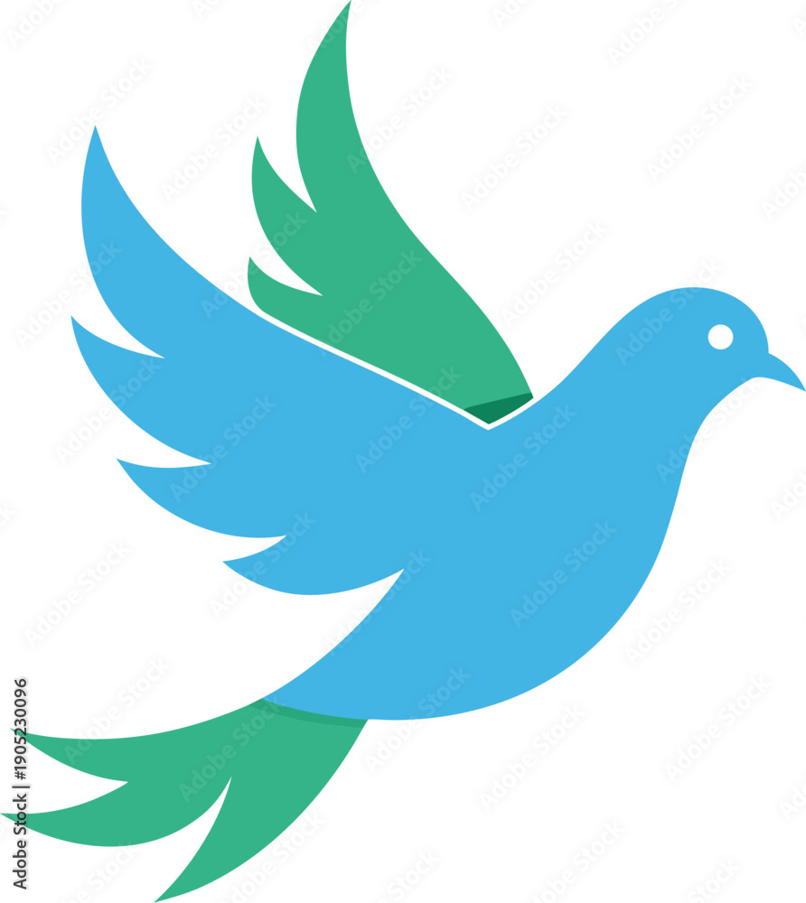 Fototapeta premium Stylized Blue and Green Dove Flying with Wings Spread and Tail Feathers Extended