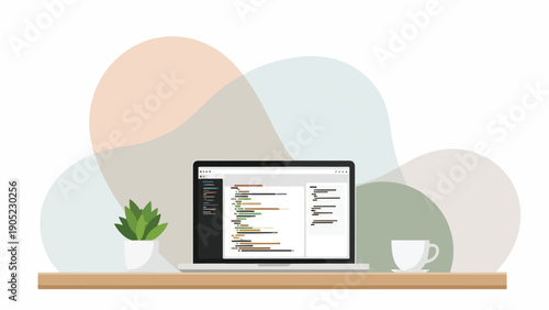 Laptop with code on screen, coffee cup, plant, on desk, with soft backgrounds