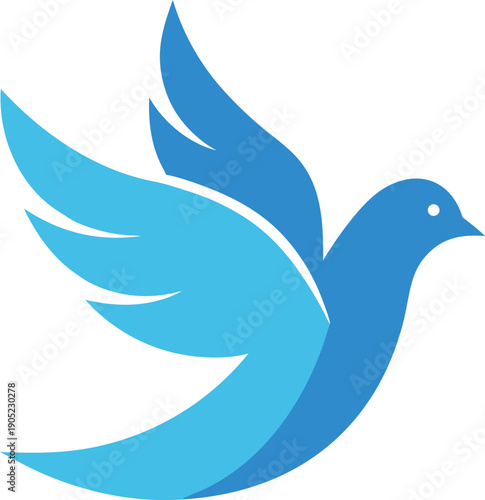 Stylized Blue Dove Flying with Wings Spread and Tail Feathers Extended vector illustration