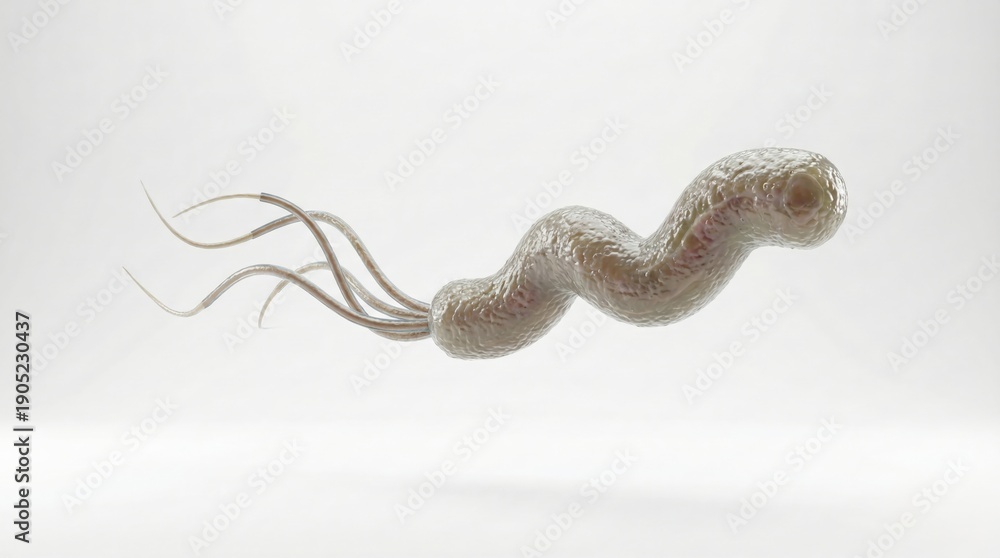 Fototapeta premium A detailed 3D rendering of a single helical bacterium with multiple flagella, likely Helicobacter pylori, against a clean white background.