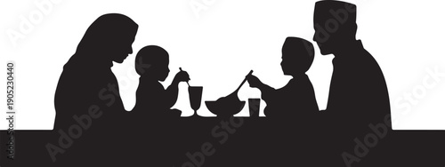 Minimalist black silhouette family eating together at table
