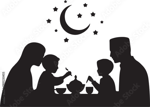 Minimalist black silhouette family sharing meal under crescent moon and stars