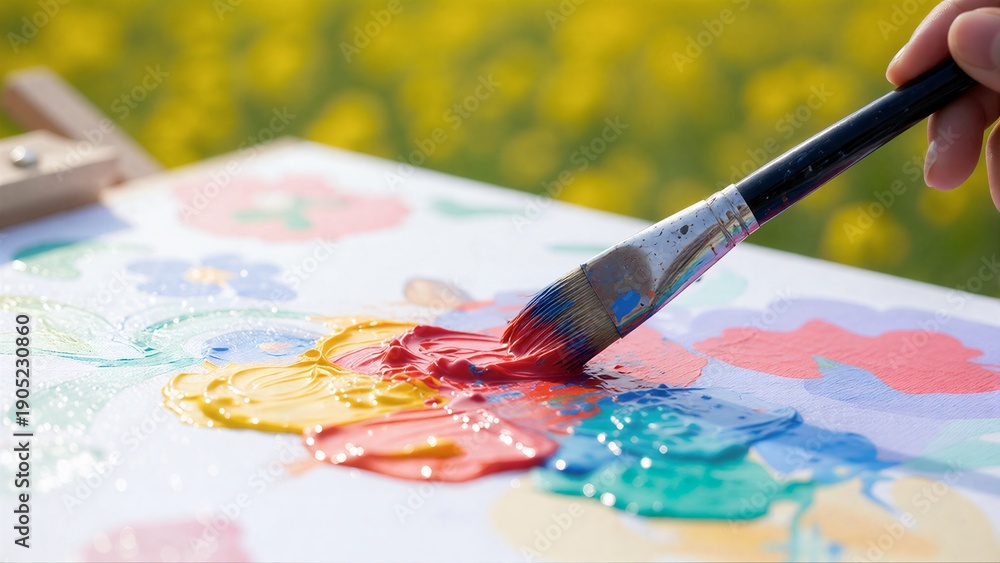 Obraz premium Girl sketching in rapeseed field