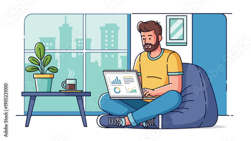 Man working on laptop, sitting on beanbag, with plant and coffee