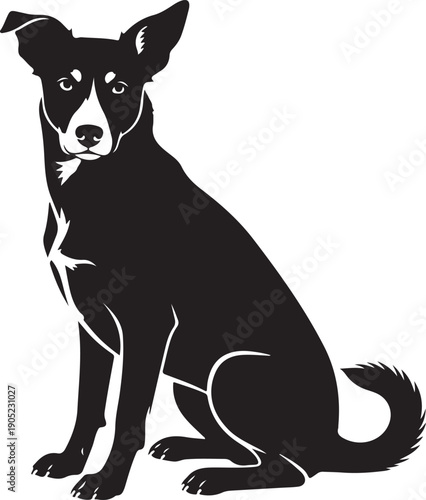 Dog silhouette sitting attentively black and white portrait isolated on white