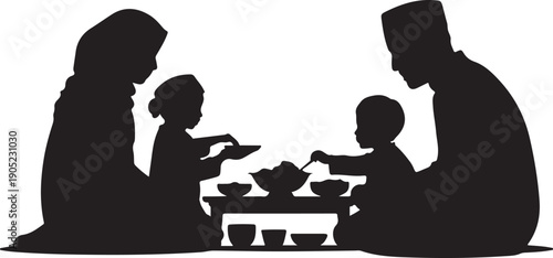 Minimalist silhouette of family eating together at a table