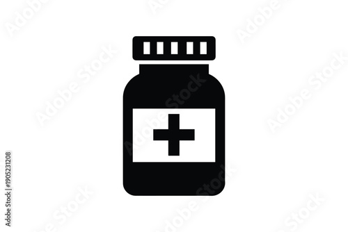 Black medicine bottle with cross label isolated on white background, healthcare and wellness symbol