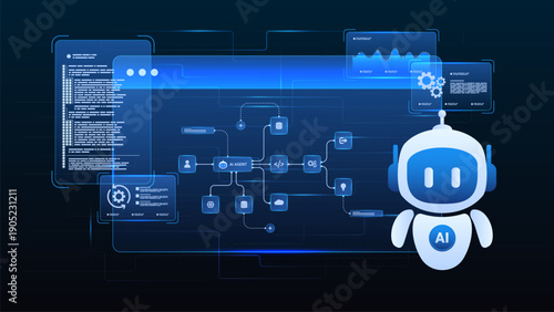 AI workflow automation artificial intelligence. ai agent workflow diagram dashboard machine learning showing input, processing system, code panels and modular automation steps.