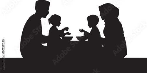 Minimalist silhouette of family eating together at table