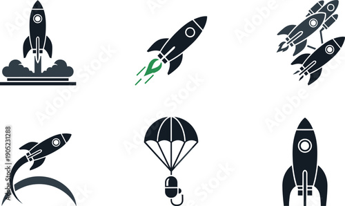 Rocket, spaceship, silhouette, set, launch, flight, space, exploration, technology, science, astronomy, mission, startup, progress, icon, collection, vector, illustration, graphic, design, element, 