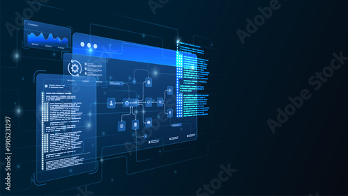 AI workflow automation artificial intelligence. ai agent workflow diagram dashboard machine learning architecture data processing system, coding, analytics panels and modular automation steps.