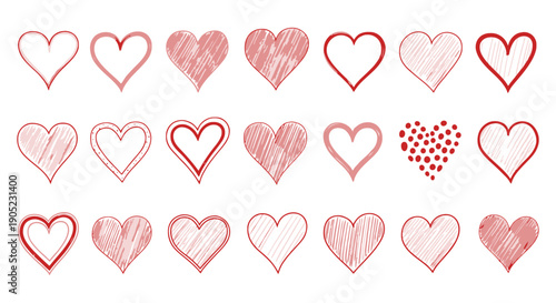 Collection of nineteen hand-drawn red heart shapes featuring various outline and shading styles
