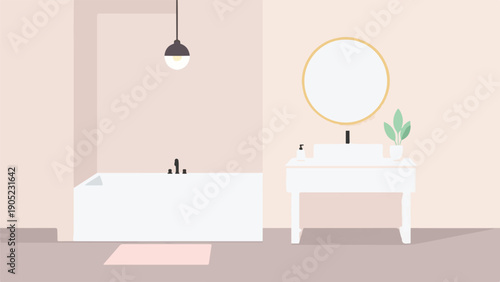 Minimalist bathroom design with a round mirror, bathtub, and a washbasin