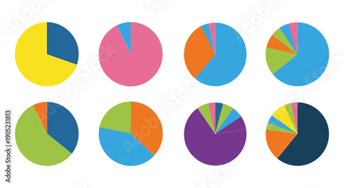 Collection of eight colorful vector pie charts displaying diverse data distribution and proportions clearly