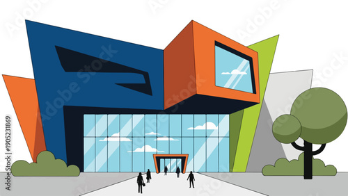 Modern abstract building illustration with people, trees, and cloudy sky