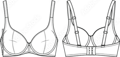 Bra technical drawing, underwire brassiere outline, front and back view, women lingerie fashion flat, underwear garment design template