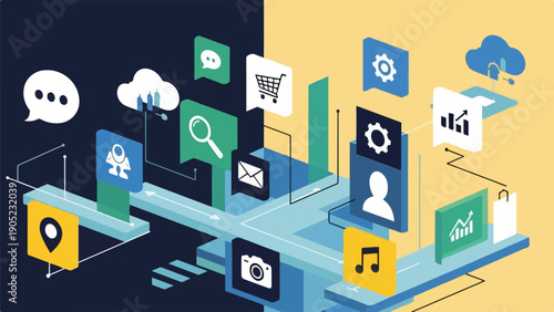 Modern digital illustration of connected icons and elements in a blue and yellow design