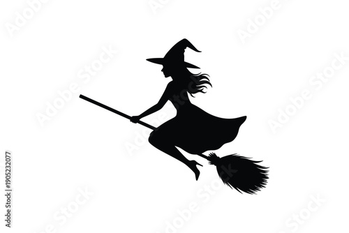 Silhouette of a witch flying on broomstick wearing pointed hat and long dress isolated