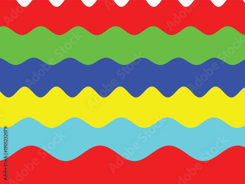 Vibrant waving horizontal stripes in bold red, green, blue, yellow, and teal colors with smooth wavy edges and retro abstract design style