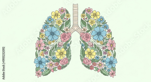 Human lungs with colorful flowers and leaves symbolizing health and wellness on a light green background