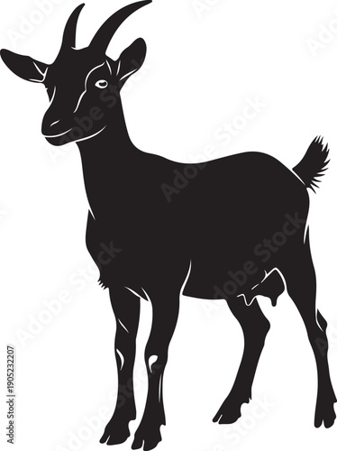 Black goat silhouette with short horns and udders standing on white background, ideal for various design projects