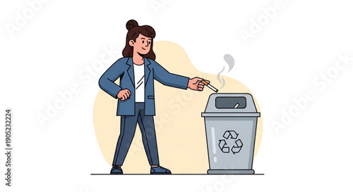 Woman throwing cigarette into recycling trash can with eco friendly symbol on it