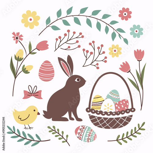 Massive Easter Vector Asset Bundle with Bunnies, Decorative Eggs, Chicks, and Springtime Floral Elements for Holiday Design Projects