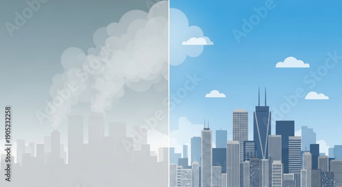 Cityscape contrasting polluted and clean environment with smog and clear blue sky