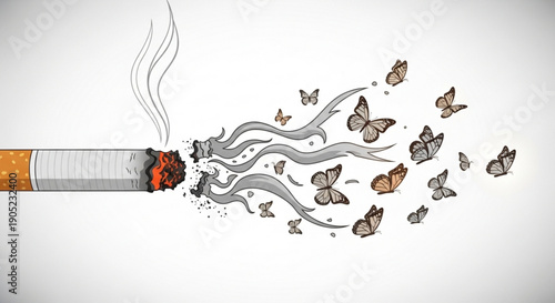 Cigarette smoke transforms into colorful butterflies symbolizing freedom from smoking addiction and a healthier lifestyle choice