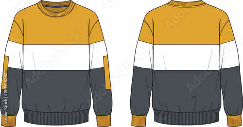 Color block sweatshirt mockup, front and back view, flat vector CAD drawing, blank pullover template, realistic apparel illustration design