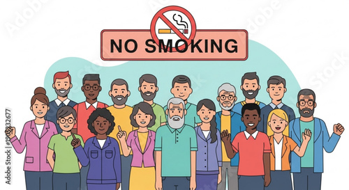 Diverse group of people standing together under a no smoking sign promoting health and awareness in a colorful illustration