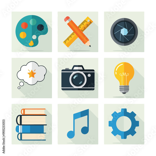 Nine vector icons representing creativity, design, and inspiration