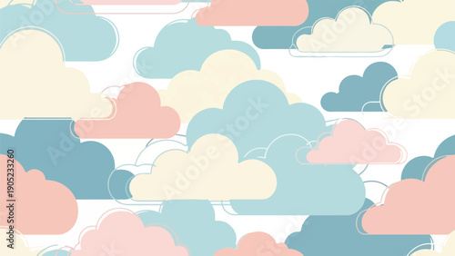 Pastel clouds with grey outlines on white background