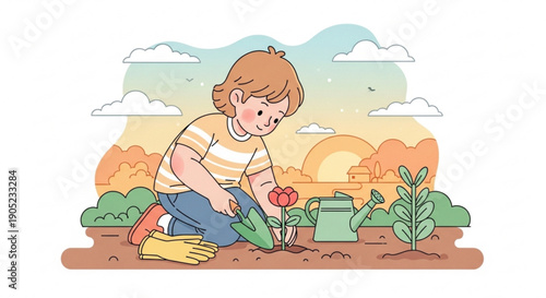 A young boy kneels in a garden planting a vibrant red flower at sunset with a watering can nearby