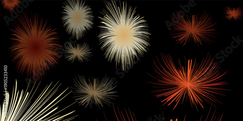 Banner red firework night time celebrate national holiday. Countdown new year 2025 festival with copy space. Banner Red Firework celebrate anniversary happy new year 2026 4th of july holiday festival