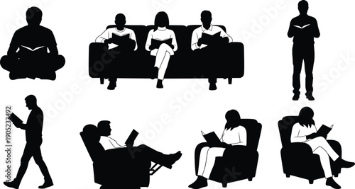 Vector silhouette set of diverse people reading books in different poses including sitting on sofa, reclining in armchair, standing, and walking while reading.