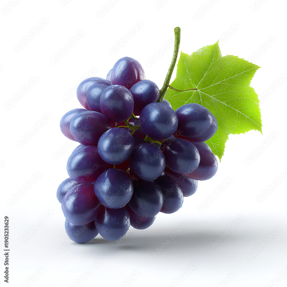 Fototapeta premium Fresh and juicy purple grapes isolated. The image features a bunch of ripe grapes with a green leaf, showcasing the vibrant colors and textures