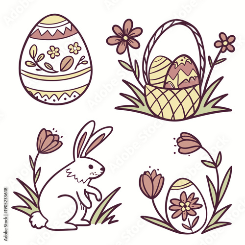Artistic Set of Sketchy Easter Badges and Emblems Featuring Hand-Drawn Rabbits and Eggs for a Vintage Holiday Look