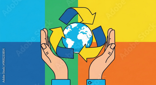 Hands holding globe with recycling symbol on colorful background representing eco friendly earth care and sustainability