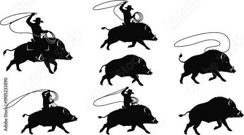 Wild, boar, silhouette, set, cowboy, rider, lasso, hunting, rodeo, pig, hog, animal, wildlife, farm, western, country, vector, icon, graphic, design, black, white