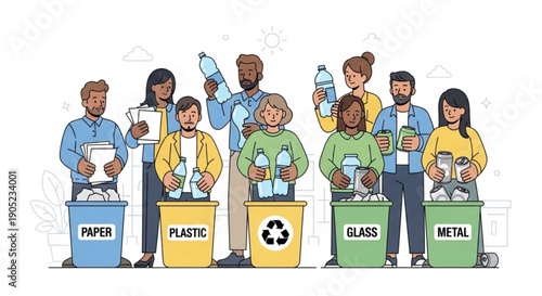 Diverse group of people recycling paper plastic glass and metal in labeled bins for eco friendly waste management