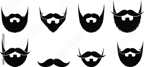 Beard, mustache, silhouette, set, facial, hair, barber, shop, grooming, men, style, masculine, hipster, fashion, icon, vector, illustration, graphic, design, element, black, white