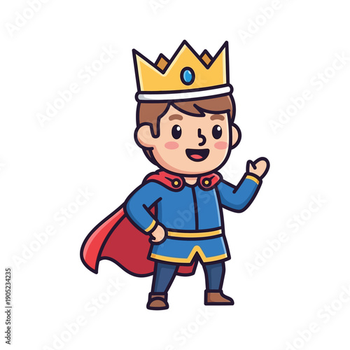 Cute Cartoon King Character Wearing Crown and Red Cape, Waving Hand